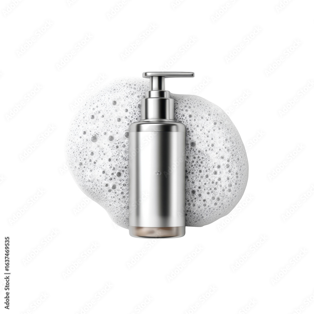 Obraz premium Silver Pump Bottle with Lathering Foam - Cosmetic Product Mockup