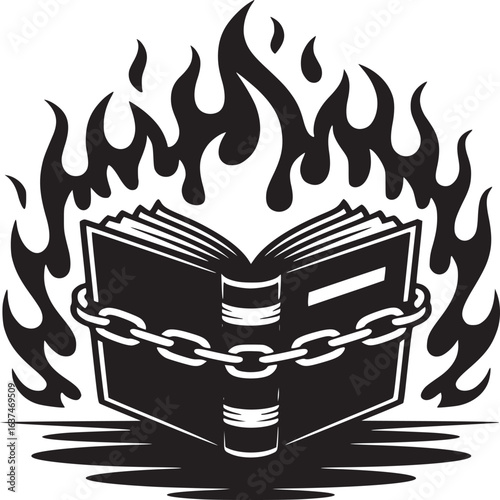 An open book chained and surrounded by flames in a black and white graphic illustration style