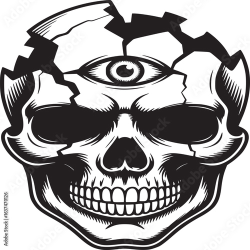 Cracked skull with third eye illustration in black and white on a plain background design art