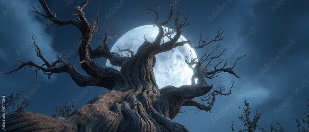 Fototapeta premium tree with twisted branches in a dark sky with a full moon in the backdrop. eerie Halloween scenery.