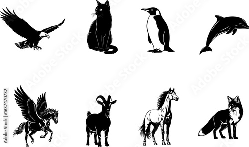 Collection of eight diverse animal silhouettes including eagle cat penguin dolphin pegasus deer horse and fox