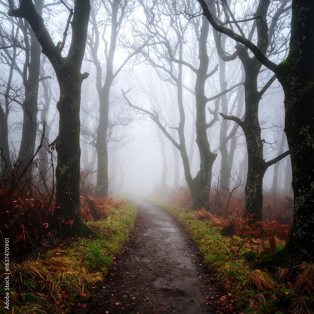 Fototapeta premium Misty path winding through a dense, leaf-strewn forest