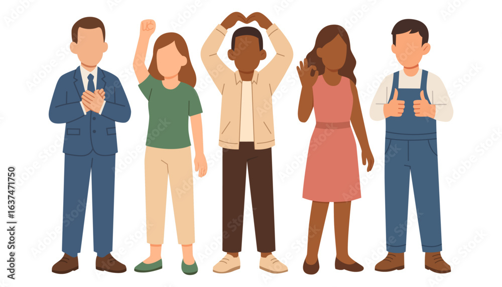 Fototapeta premium Flat vector cheerful group portrait of happy, positive people men and women standing together. Peace signs, ok gesture, love, heart, support, solidarity. Team celebrates teamwork and shared success.