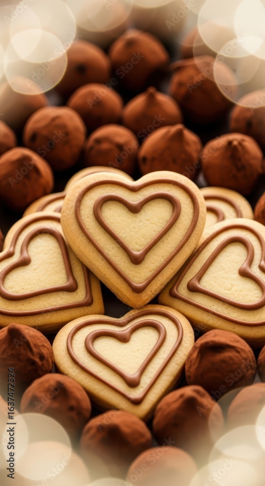 Fototapeta premium Heart shaped cookies with chocolate truffles and bokeh lights