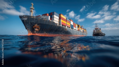 Cargo Container Ship Sailing on Open Ocean with a Small Tugboat, Maritime Transport