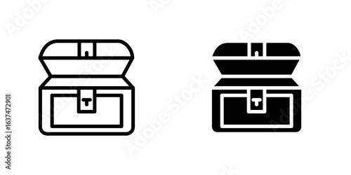 A minimalist icon of a treasure chest with a hinged lid and visible lock, shown in both line art and solid silhouette styles.
