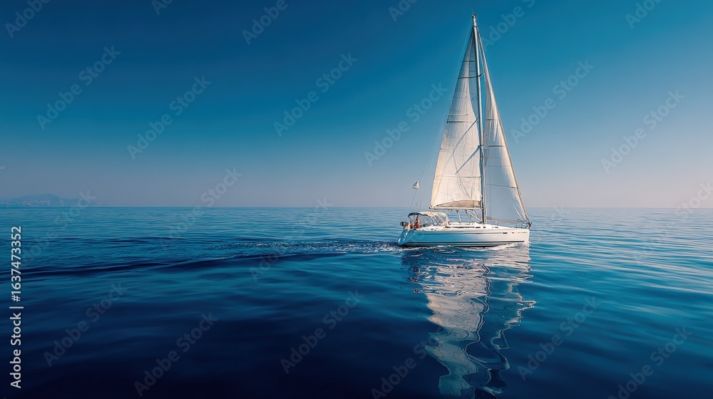 Naklejka premium Sailboat on the Deep Blue Sea: A Serene Nautical Scene of Sailing Adventure