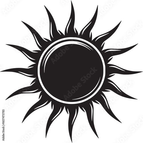 A stylized black sun with sharp rays emanating from a central circle on a white background art