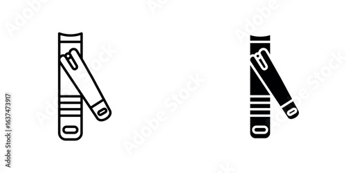 A minimalist icon of nail clippers in an open position, shown in both line art and solid silhouette styles.