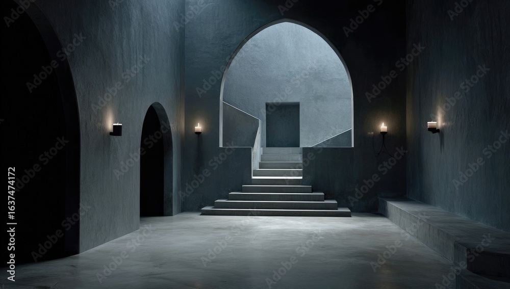 Obraz premium Dark, moody interior with arched doorways and stairs