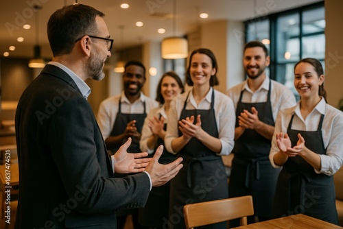 Restaurant manager motivating staff during team meeting