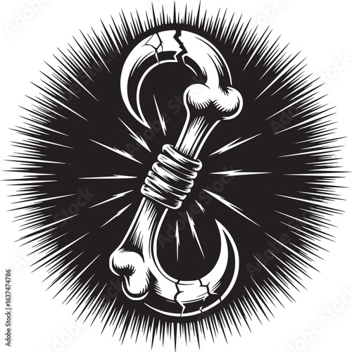 Monochrome drawing of a stylized bone hook with a cracked end and radiating black lines behind it