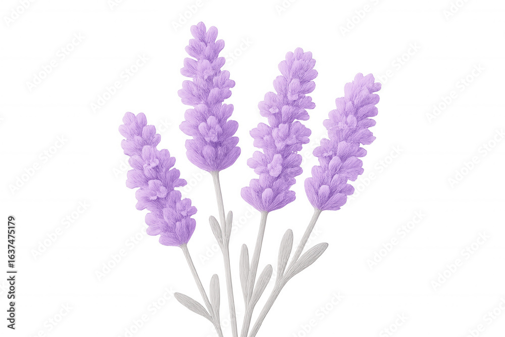 Fototapeta premium Lavender botanical illustration, transparent backdrop revealing delicate purple blooms against clean white space