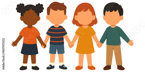 Flat vector group of cheerful young children holding hands, smiling and playing together, showing joy, friendship, and the pure happiness of childhood unity. Playful kids linking arms in harmony.