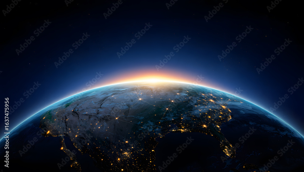 Obraz premium North America Sunrise: Global Network Connections, Illuminated Cities, Dramatic Space View.