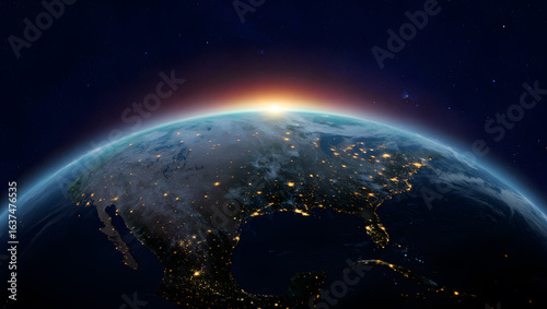 North America at Dawn:  Satellite View of City Lights and Sunrise from Space, Dramatic Night to Day Transition.