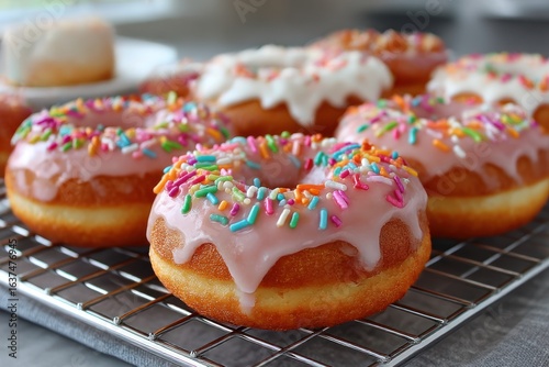 Sweet frosted donuts on a rack