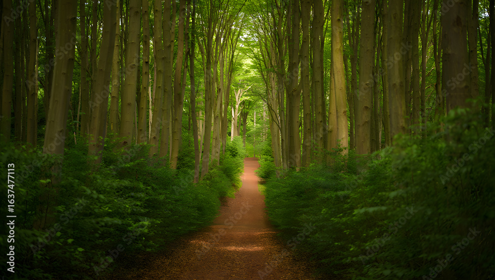 Fototapeta premium Serene Forest Path: Lush Green Canopy, Sunlight Dappled, Tranquil Nature Scene.