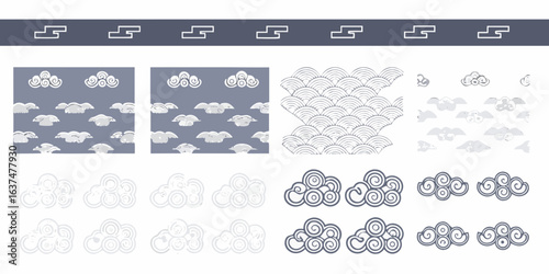 Collection of stylized clouds and wave patterns in asian art style