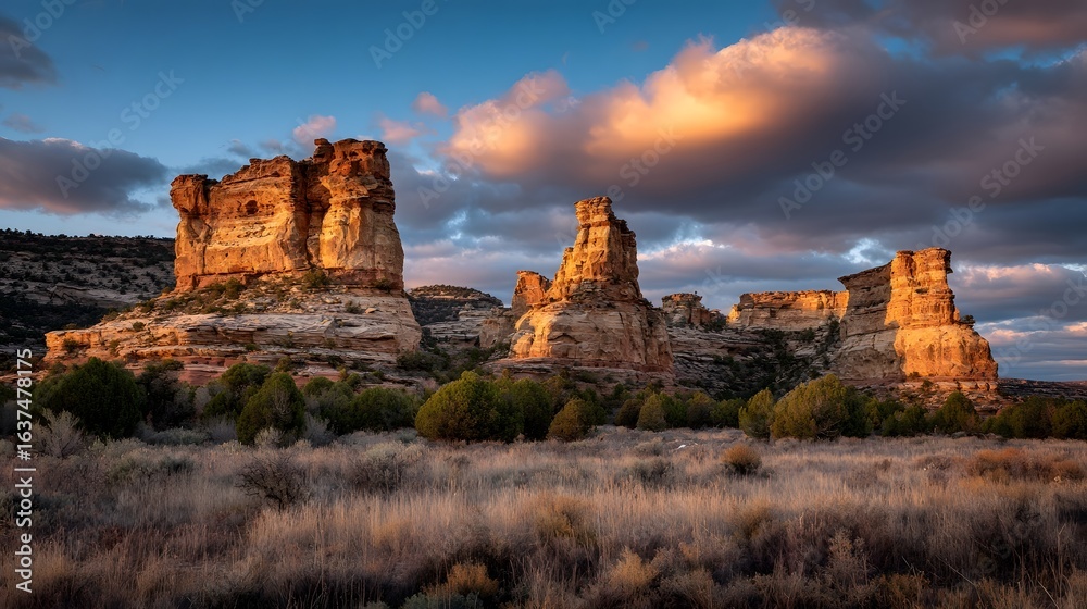 Obraz premium Sandstone buttes bathed in golden light at dawn.