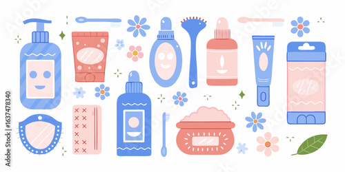 Cute bathroom and skincare products with floral accents