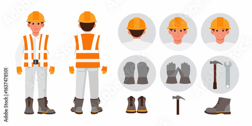Construction worker character design with safety gear and tools