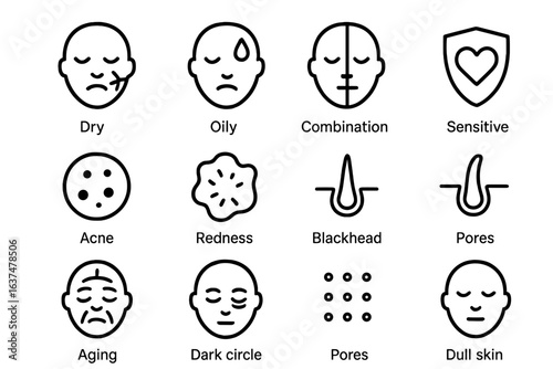 Skincare icons: dry, oily, combination, sensitive, acne, redness, blackhead
