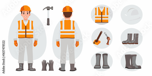 Construction worker safety gear and tools illustration
