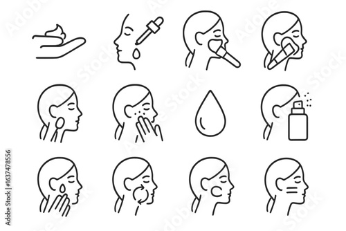 Skincare routine icons depicting steps for facial care and beauty treatment