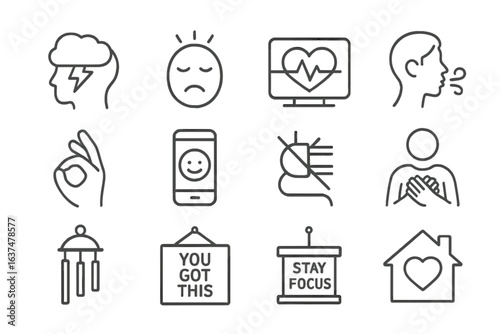 Mental health and wellness: icons for stress relief and mindfulness