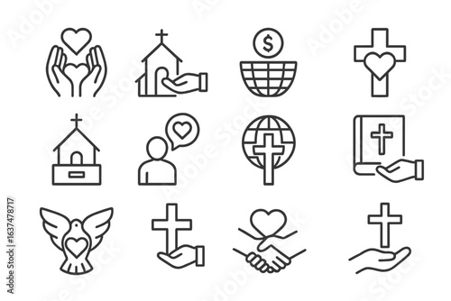 Christian symbols collection: church, cross, bible, dove, heart, globe icons