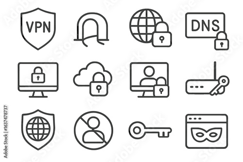 Cybersecurity icons set: vpn, dns, encryption, privacy symbols with locks