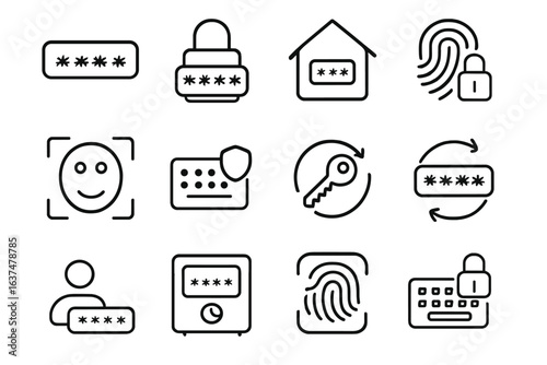 Security icons set featuring passwords, biometrics, and locks