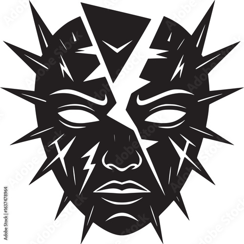 Stylized black and white mask with spikes and cracks depicting a face with closed eyes and lips