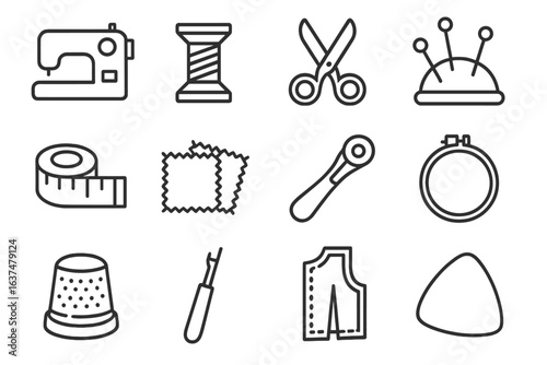 Sewing tools outline collection with needles, scissors, and measuring tape