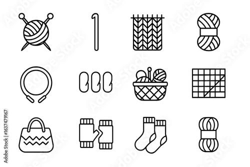 Knitting icons set: needles yarn socks patterns basket