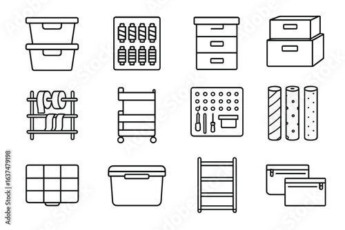 Icons of storage solutions: boxes, shelves, organizers, containers, racks