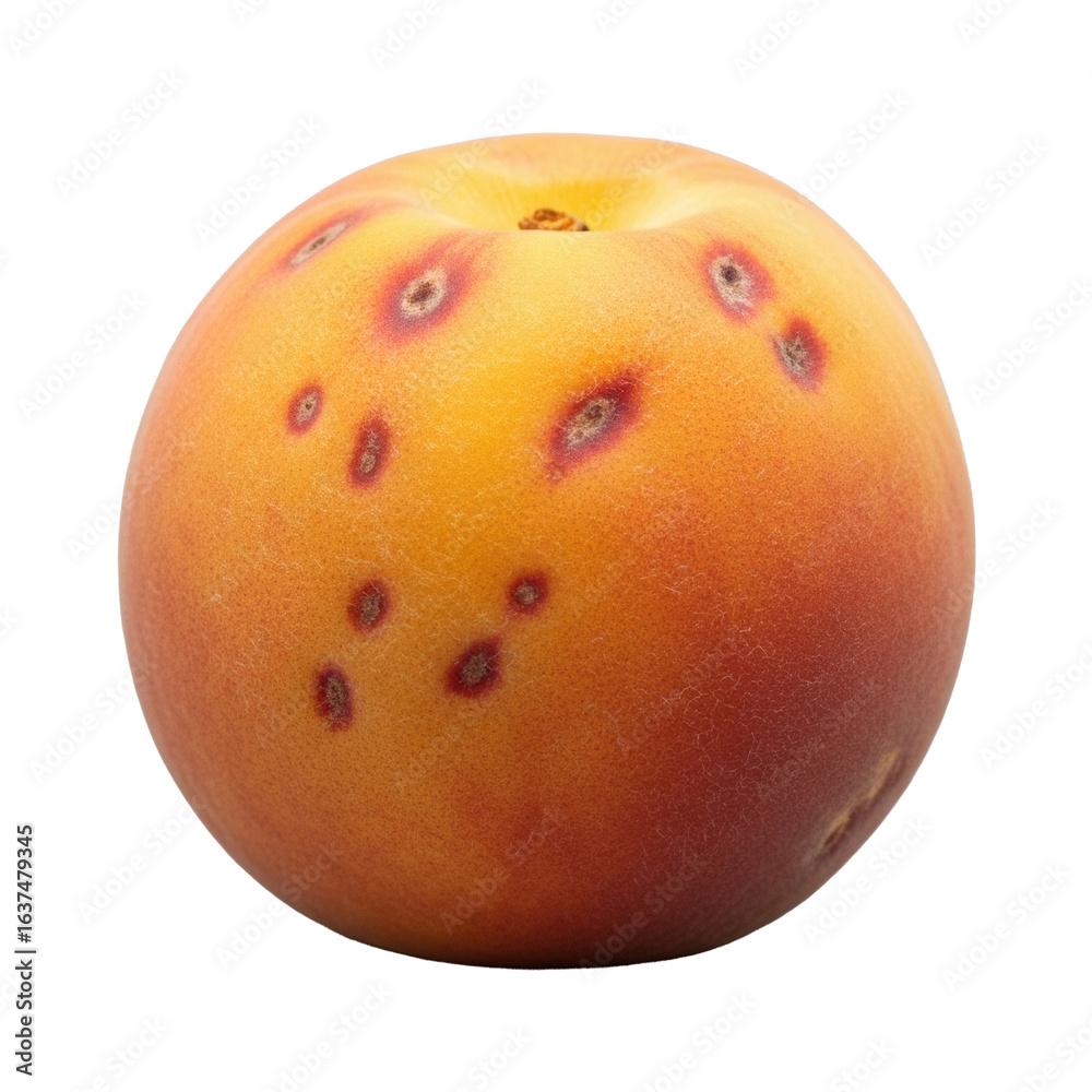 Fototapeta premium A single, ripe golden-orange peach with rosy blush, fuzzy skin, and dark bruises, isolated on a clean transparent background with soft studio lighting, sharp macro focus, concept of natural