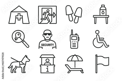 Emergency icons set: security, safety, first aid, communication, accessibility