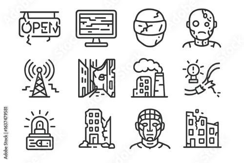 Zombie apocalypse icons: survival, communication, and urban decay symbols