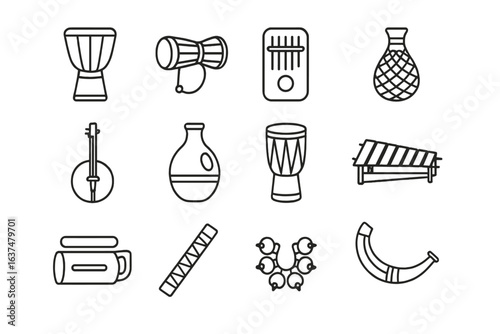 Collection of traditional musical instruments on a gray background