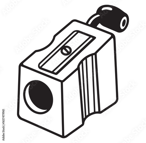 Black and white line art illustration of a pencil sharpener office school supply