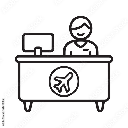 Airport Check In Desk with Attendant and Airplane Icon Minimalist Black and White Illustration for Travel Theme
