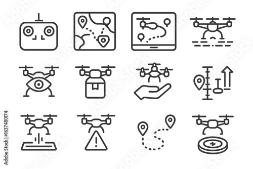 Drone icons set - navigation, delivery, security, and location symbols