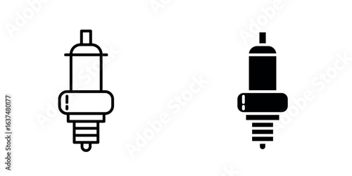 A minimalist icon of a spark plug with detailed electrode and insulator elements, shown in both line art and solid silhouette styles.
