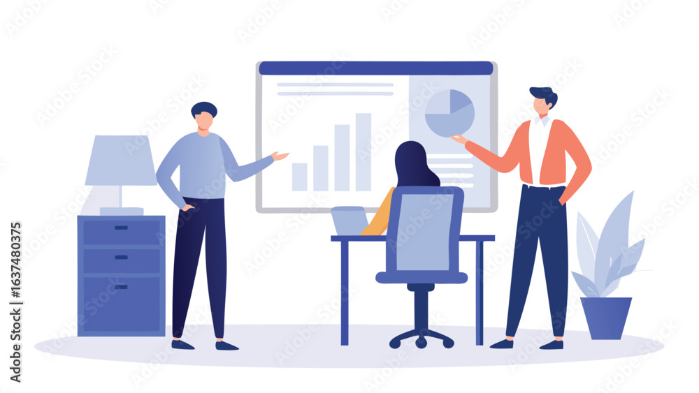 Obraz premium People presenting business data with a chart and a pie graph in a bright office setting illustration