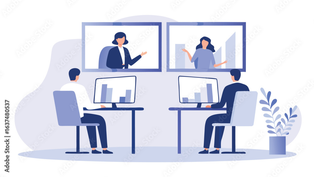 Two people in a video conference with charts on their screens and two other people on the screens Two people in a video conference with charts on their screens and two other people on the screens