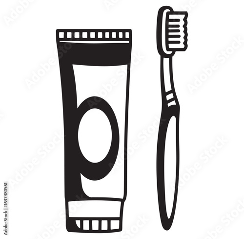 Monochrome illustration of toothpaste tube and toothbrush for dental health and hygiene