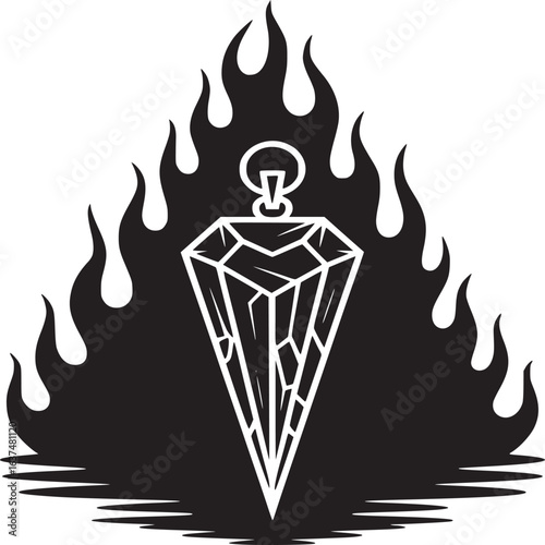 White crystal pendant with a ring hanging in front of black flames in a black and white illustration