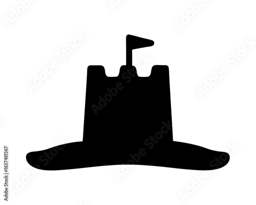 Silhouette of a sandcastle with a flag on top, flat vector image